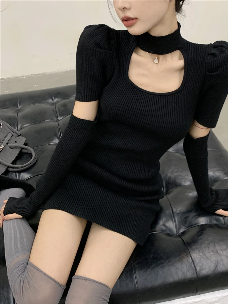 

Зимнее однотонное Повседневное трикотажное платье, женское сексуальное винтажное мини-платье-свитер для вечерние, женское корейское Модно...