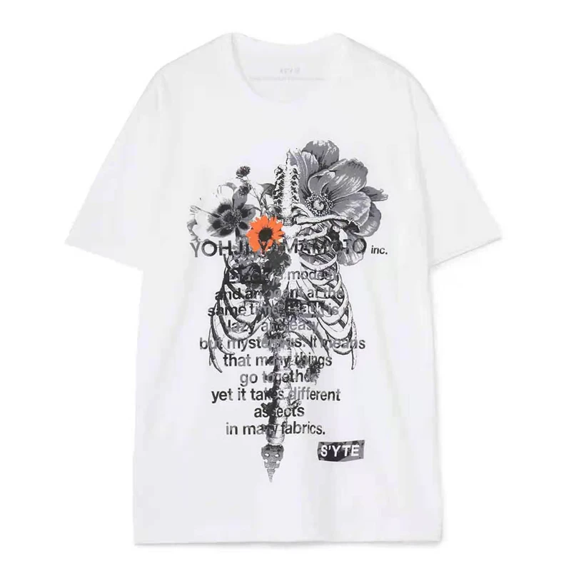 

Летняя футболка Yohji Yamamoto 22SS в рубчик с цветочным и растительным принтом для мужчин и женщин, Повседневная футболка с коротким рукавом