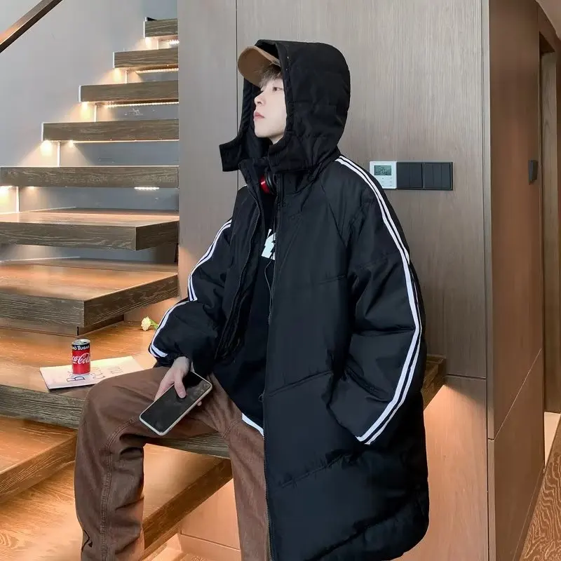 Korean Version Loose Parkas A Mid-length Side Stripe Hooded Zippered Coats Winter Cotton Fashion Casual Heavy Jacket Men Women