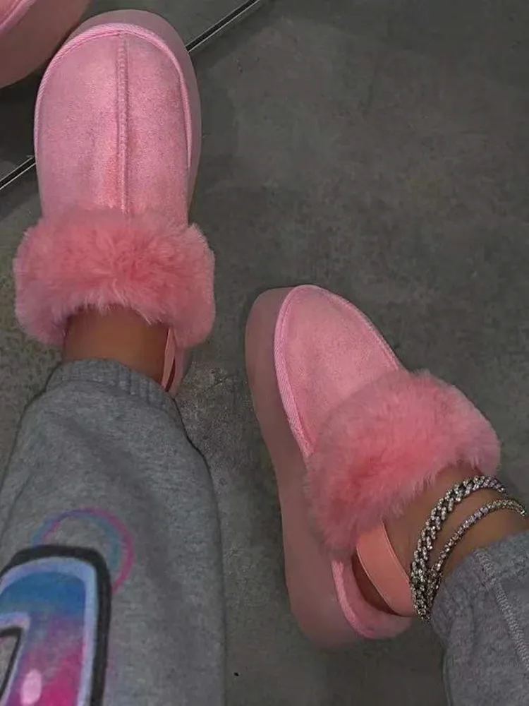 Women Slippers Platform Slides Faux Fur Fluffy Winter Short Plush Pink Color Open Toe Fuzzy Cozy Bedroom Home Furry Slippers