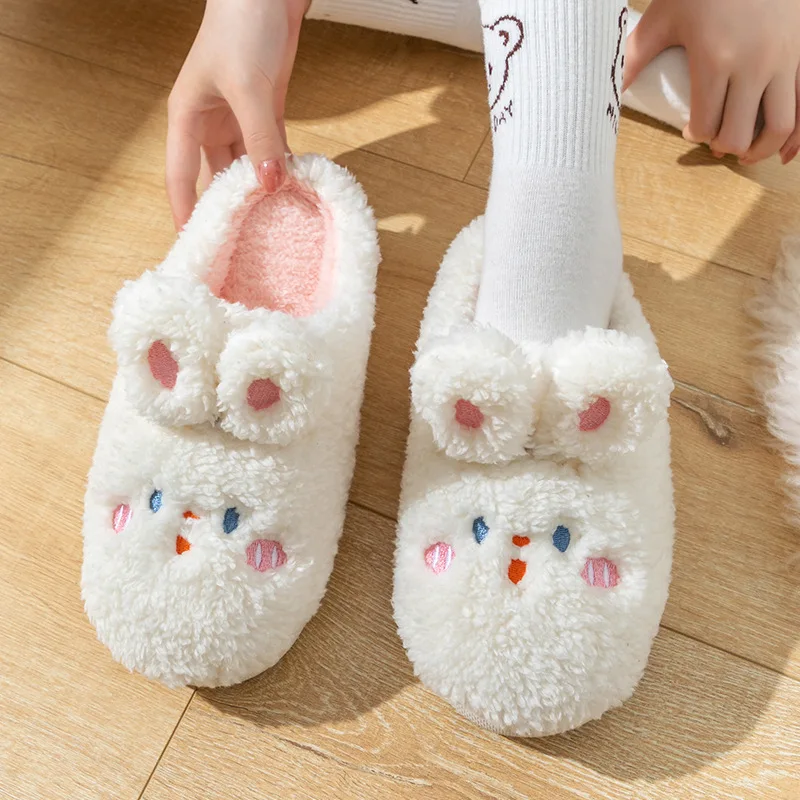 Cartoon Cute Bunny Slippers for Women Autumn and Winter Indoor Home Couple Slippers Warm Faux Fur Slippers Fluffy Cotton Shoes