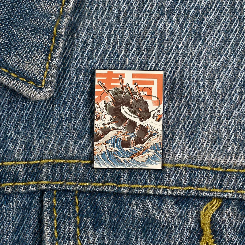 

Fashion Great Sushi Dragon Printed Pin Funny vintage Brooches Shirt Lapel teacher Bag Cute Badge Cartoon pins for Lover Girl