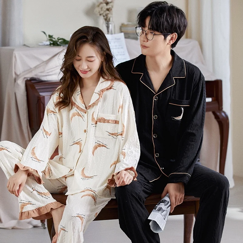 

Autumn Winter Couple Long Sleeve 100% Cotton Print Pajama Sets for Women Korean Loose Sleepwear Suit Pyjama Men Homewear Clothes