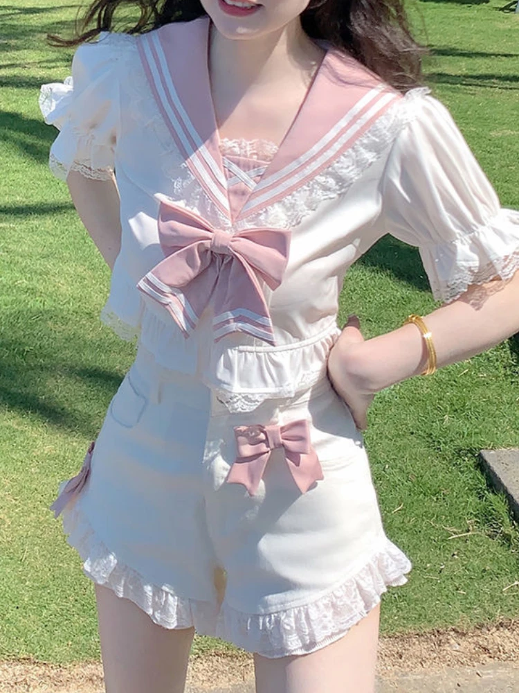 

2022 New Two-Piece White Set Women Summer Lace Sexy Kawaii Suit Female Japanese Casual Designer Bow Chic High Waist Sweet Set