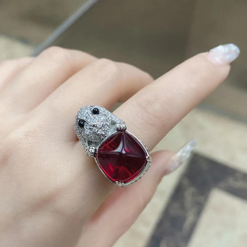 

2023 New Original Noble S925 Silver Big Tourmaline Cute Rabbit Resizable Rings for Women Unique Party Ring Animal Jewelry