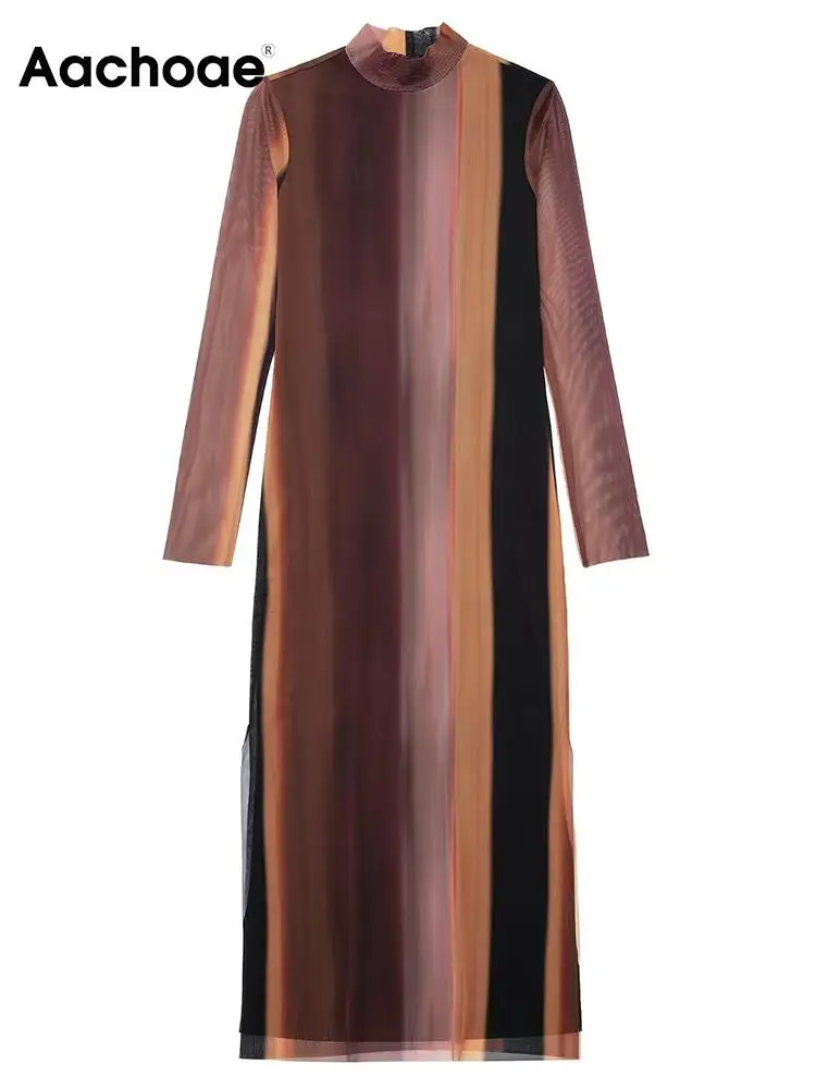 

Aachoae Women Fashion Half High Collar Midi Dresses Casual Printed Long Sleeve A Line Dress Ladies Chic Dress Mujer Vestidos