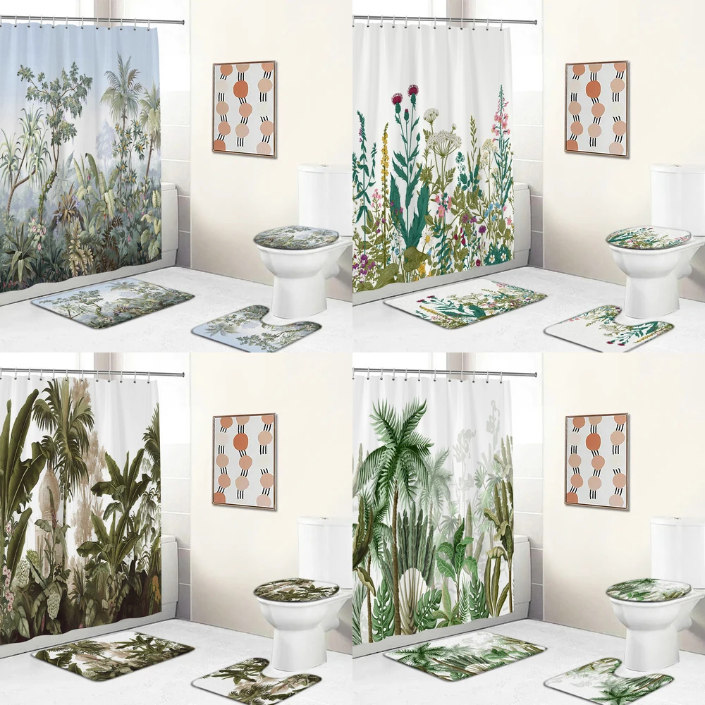 

Tropical Green Plants Shower Curtain Decorative Bathtub Screen Polyester Toilet Partition Bath Mat Set Home Bathroom Decoration