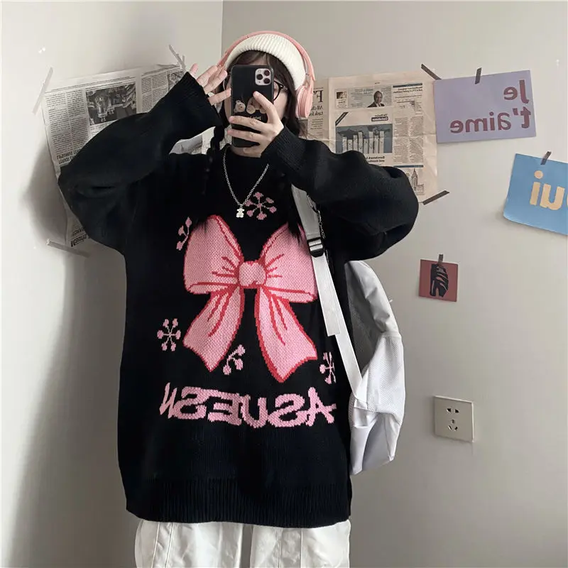 

Korean version autumn and winter new round neck bow jacquard loose thickening schoolgirl sweater bf wind wild knitted top