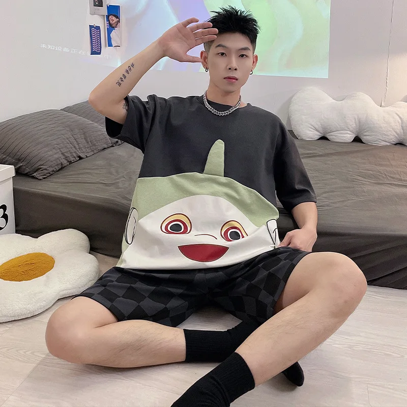 New Arrive Men Cotton Summer Sleepwear Short Sleeve Print Style Cute Cartoon Teen Home Pajama Sets