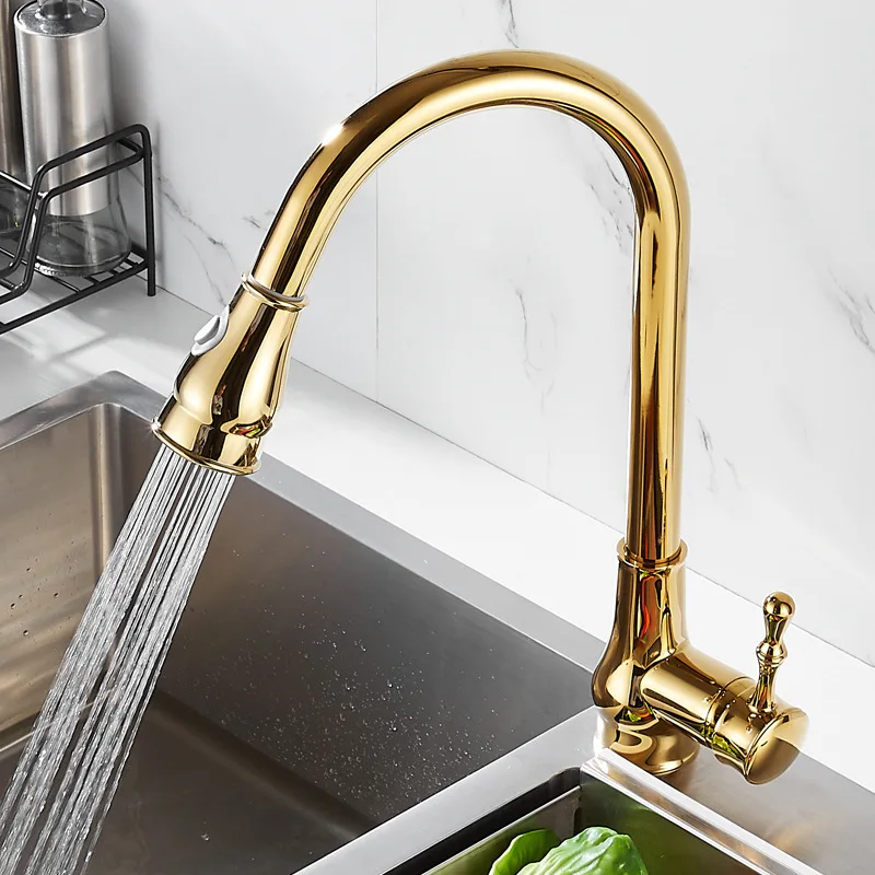 

2 Modes Modern Luxury Brass Gold Pull Out Sink Tap Mixer Kitchen Faucet Single Handle Single Hole Hot and Cold Water Tap