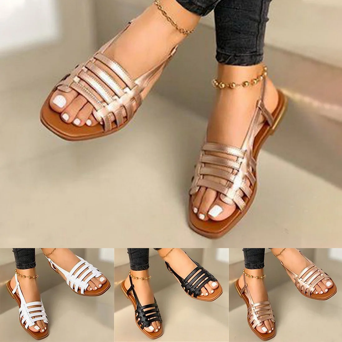 

Women Sandals Woman Summer Hollow Out Roman Shoes 2023 Women's Gladiator Open Toe Beach Flats Ladies Footwear Plus Size 35-43