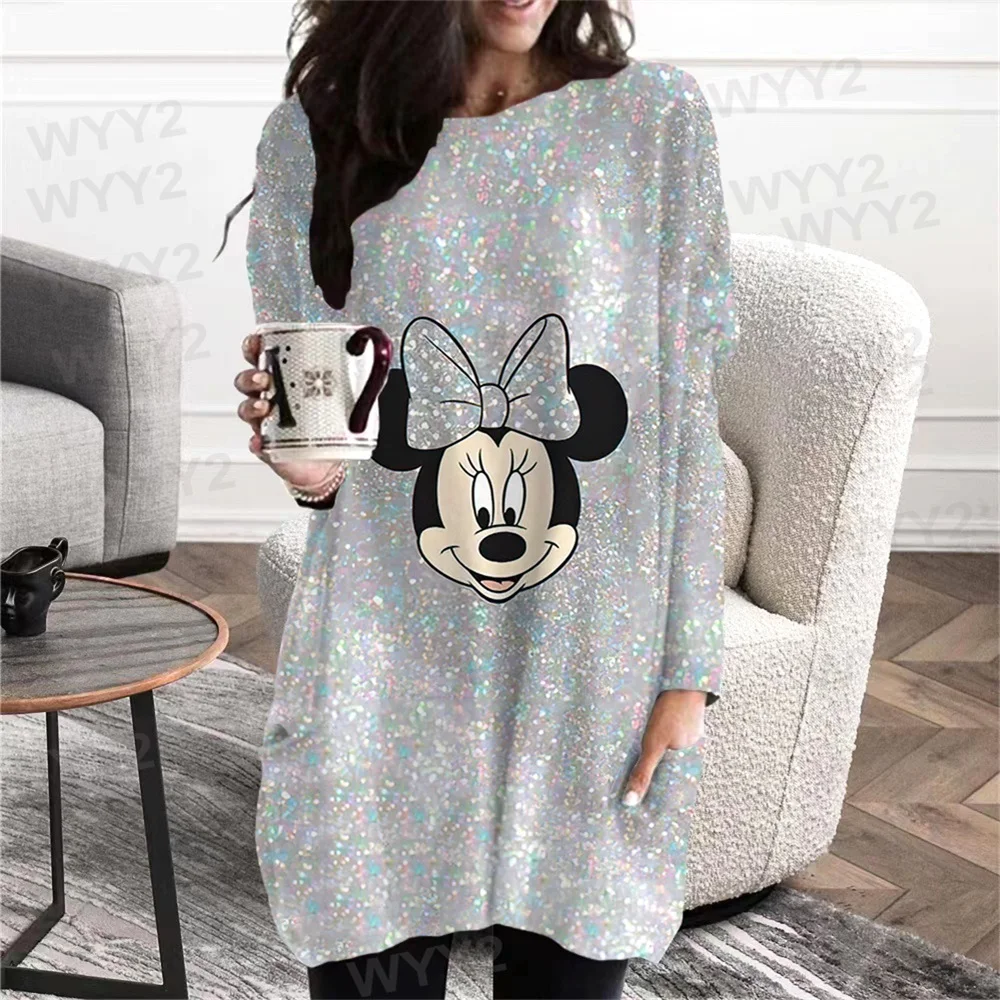 Disney Mickey Sequins Women's Fall Print Casual Party T Shirt Dress 2022 New Elegant Long Sleeve Loose Pocket Dress