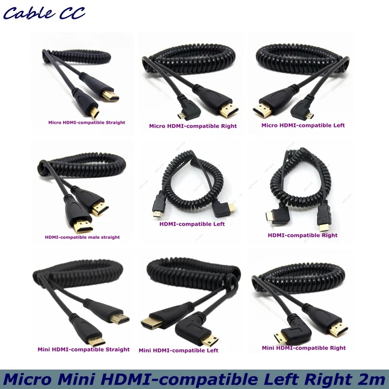 

2m Micro HDMI-Compatible Mini HDMI-Compatible Turn Right and Left Corners Male to Male Extension Spring Crimped Flex Cable V1.4