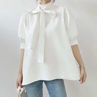 blouse ins slim lantern short sleeve bow tie stand collar shirt solid color korea japan style elegant chic 2022 summer new