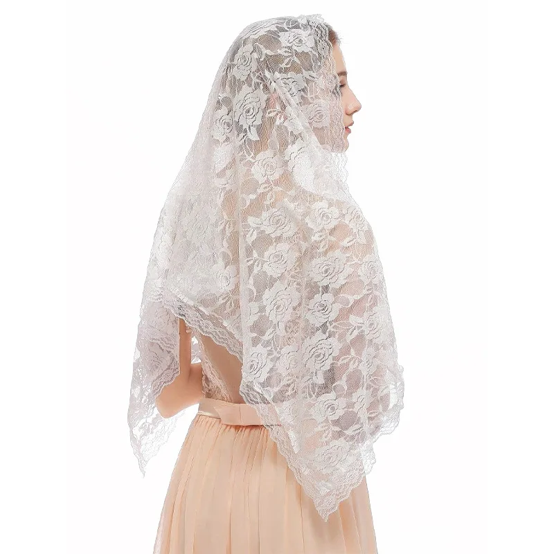 Фото Фата Mantilla для церкви в испанском стиле, кружевная фата для свадьбы, черно-белая часовня, католическая вуаль, мусульманское покрытие головы №3