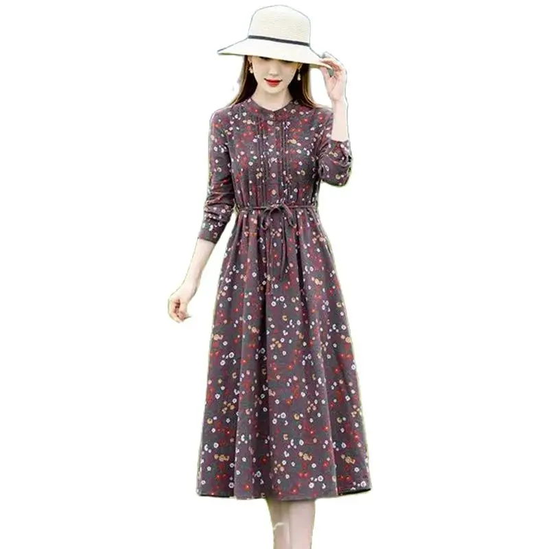 

Autumn Long-sleeved Floral Cotton And Linen Fashion Dress New Female High-end Temperament Waist Slimming A-word Bottoming Skirt