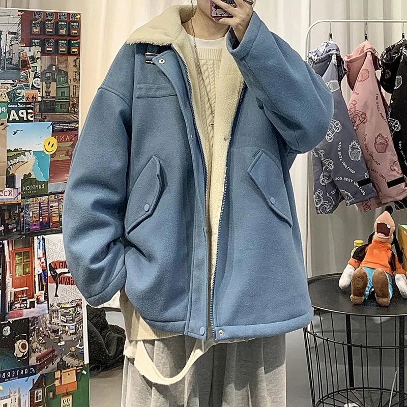 

Winter Thick Woolen Coat Men Warm Fashion Oversized Short Woolen Coat Men Korean Loose Thickened Lamb Wool Jacket Mens Overcoat