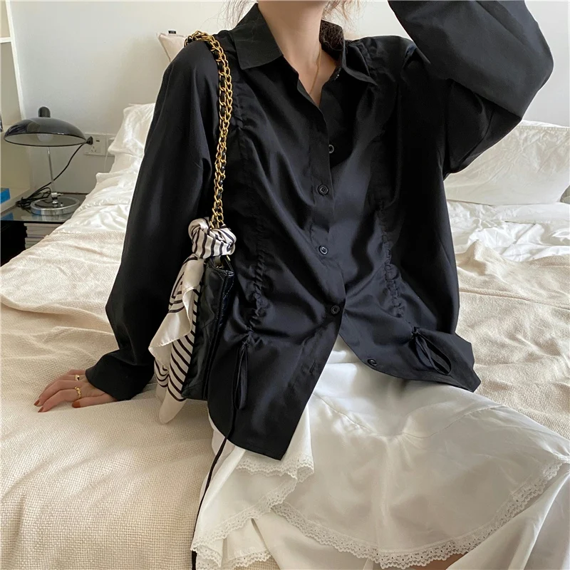 

2022 Early Spring New Loose Shirts Simplicity Solid Black White Chic Drawstring All-Match Long Sleeve Blousers Female Ins Tops