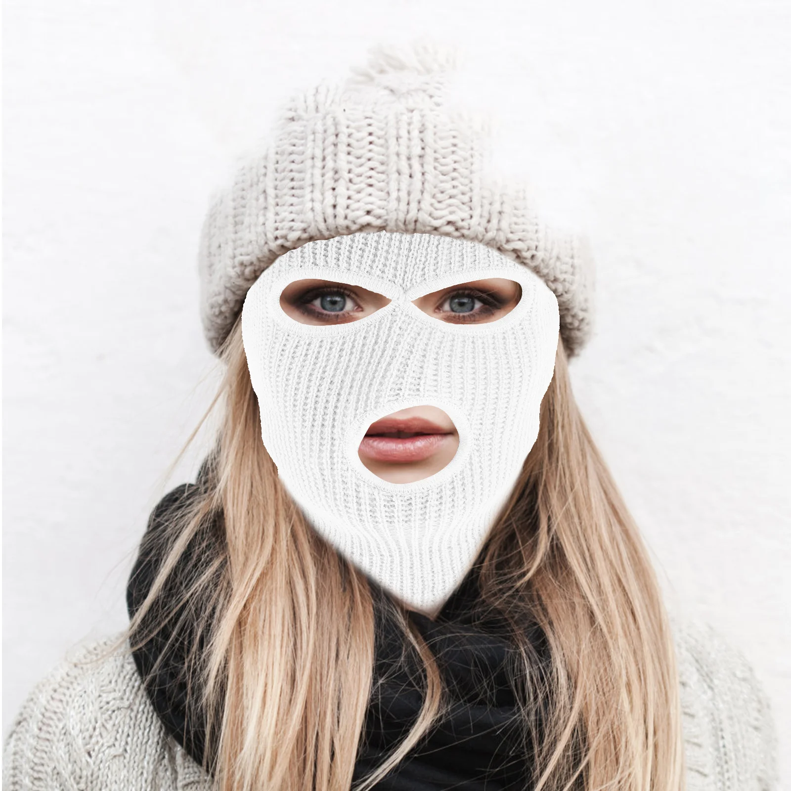 Шерстяная шапка с тремя отверстиями маски для лица вязаная лыжная 3 сохраняющая