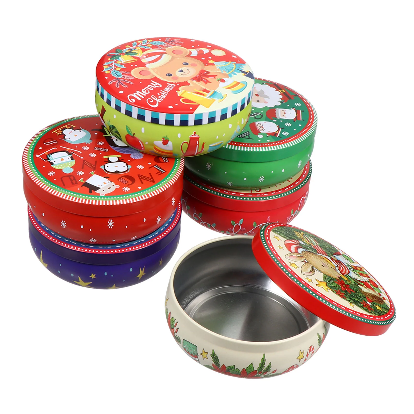 

Christmas Cookie Giftgiving Tins Candyboxes Containers Lids Storage Box Round Tin Xmas Metal Decorative Buffet Ornament Jars Lid