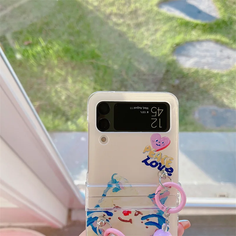 Cartoon Watercolor Graffiti Cat Dog Phone Case for Samsung Galaxy Z Flip 4 3 Hard Cover for ZFlip3 Zflip4 Solid Shell Bracket