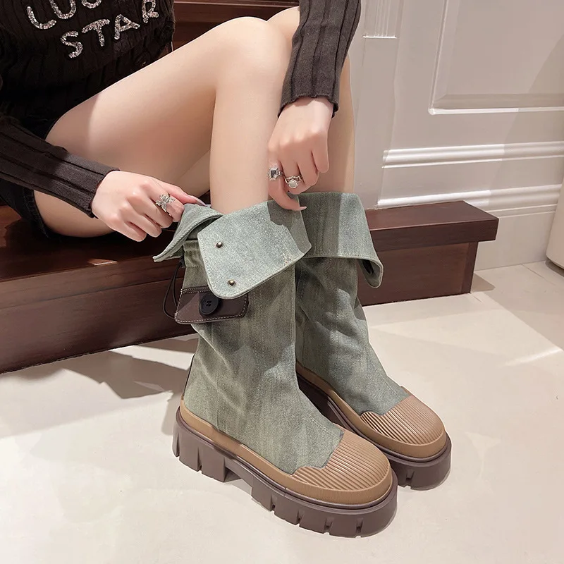 Knee-high Women Thigh Boots Women's Vintage Denim Platform Work Autumn Winter 2024 Head High Knight Female Two Ways Wear Shoes