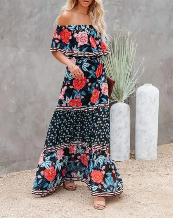 

2022 Summer Woman Chic Floral Print Off the Shoulder Ruffle Hem Maxi Short Sleeve Boho Vacation Dress