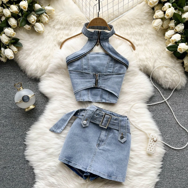 

Denim Suit Female 2023 Summer New Retro Hanging Neck Short Section Top Half Body Short Skirt Fashion