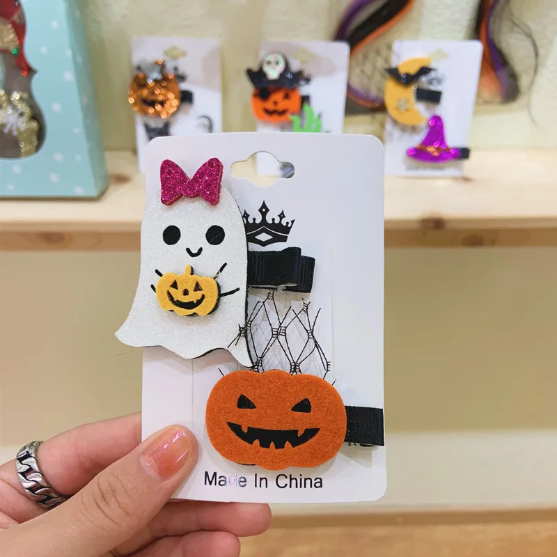 

New 2pcs/set Halloween Hair Clips Glitter Cartoon Ghost Spider Bat Hairpins Clips for Girls Kids Hairgrips Accessories 2022