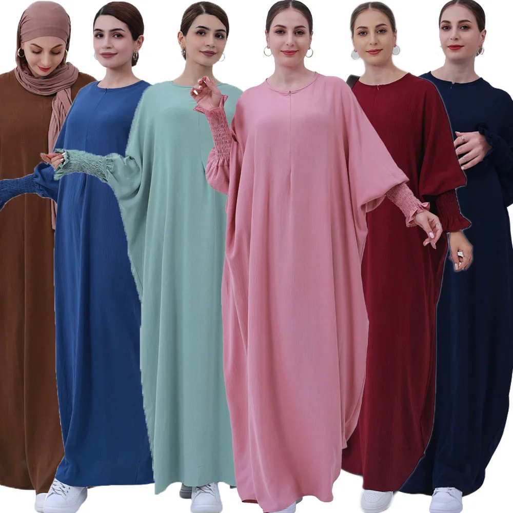 

Abaya Casual Loose Muslim Dress for Women Crinkled Smocked Cuffs Zipper Front Islamic Clothing Dubai Turkish Modest Robe Ramadan