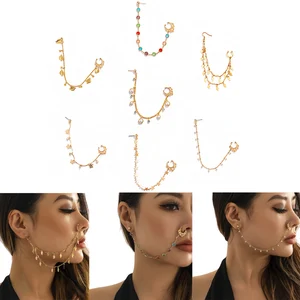 Body Jewelry Gifts Nose Clip Fake Piercing Nose Ring Bohemia Tassel Chain Earring Nose Clip With Chain Nose Hoops