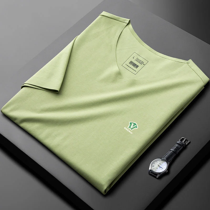 

High quality elastic ice smooth short sleeve t-shirt men's luxury V-neck top summer Korean fashion embroidery casual half sleeve