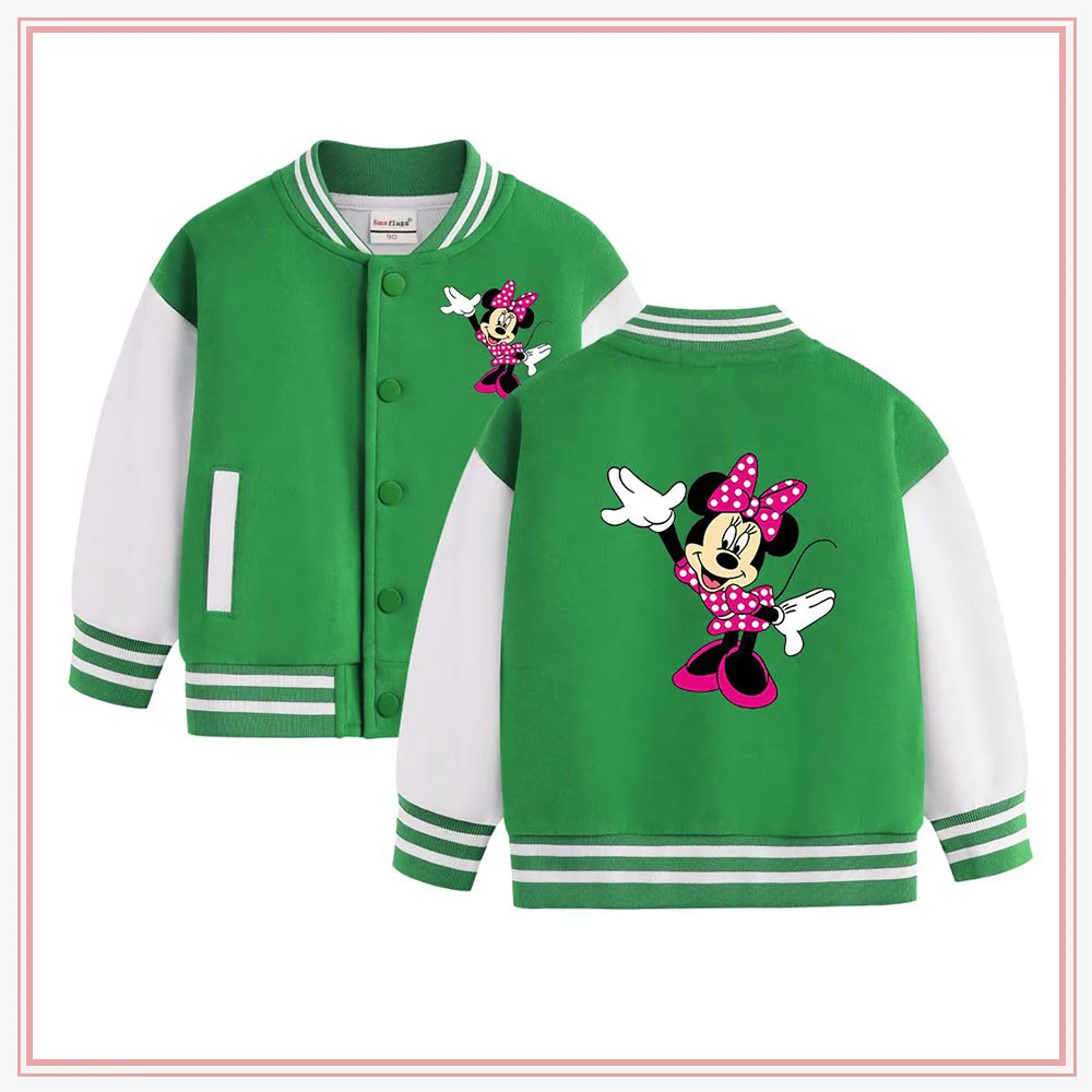 

Anime Disney Minnie Mouse Baseball Uniform Spring Autumn Kawaii Sports Jackets Cardigan Coat Children Cartoon Clothes 2-14Years