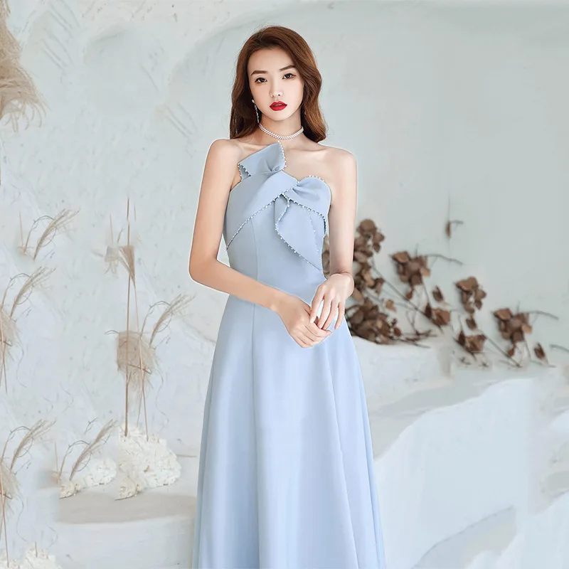 Woman Blue Beading Evening Dress Sexy Off Shoulder A-Line Backless Lace Up Party Formal Gown
