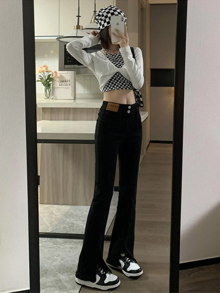 Plus Size Pear Shapes Split Slightly Pull Jeans Women Autumn and Winter Slimming Chubby Girl Cover Thick Leg Wide Stretch Fla... |