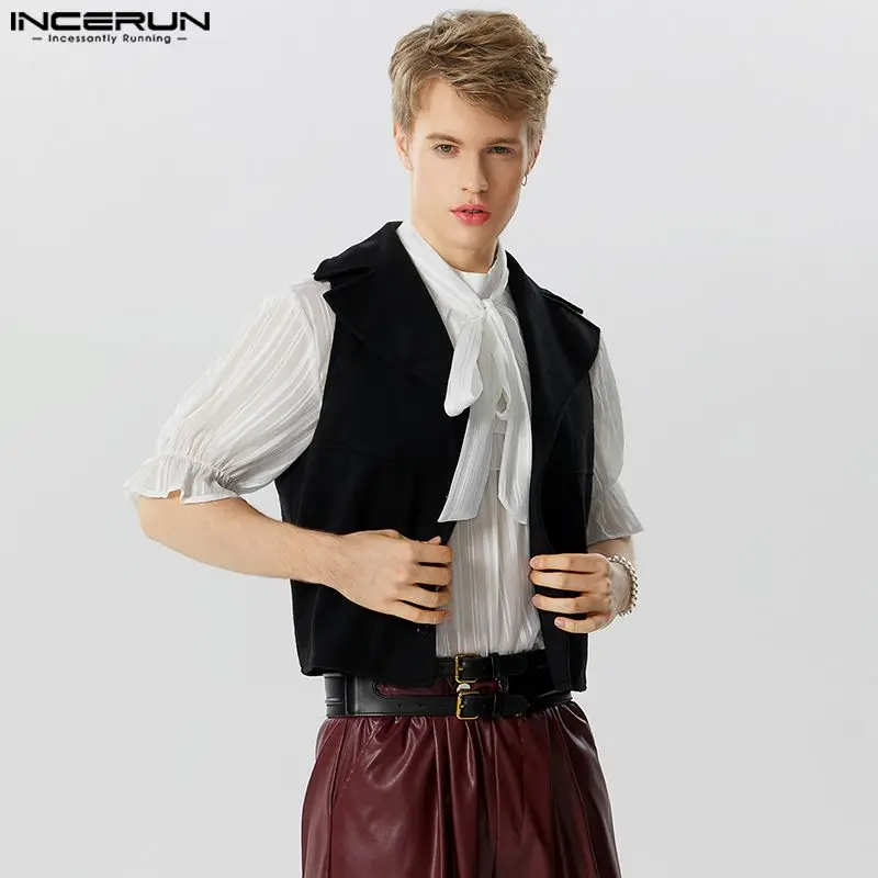

2023 Men Vests Solid Color Lapel Sleeveless Autumn Button Casual Male Waistcoats Streetwear Fashion Crop Vests S-5XL INCERUN