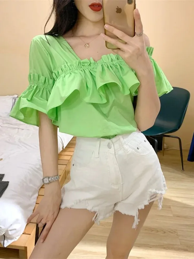Женская блузка с коротким рукавом свободная Асимметричная пикантная в Корейском
