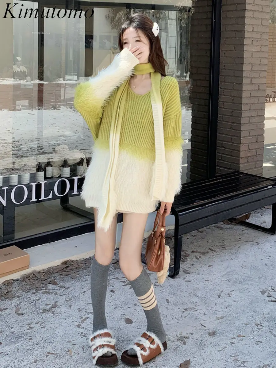 Kimutomo градиентный цвет большой свитер женский с v-образным вырезом из норки