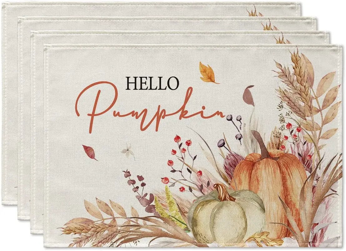 

Hello Pumpkin Flowers Leaves Placemats Set of 4 12x18 Inch Fall Autumn Harvest Watercolor Table Mats for Dining Decoration