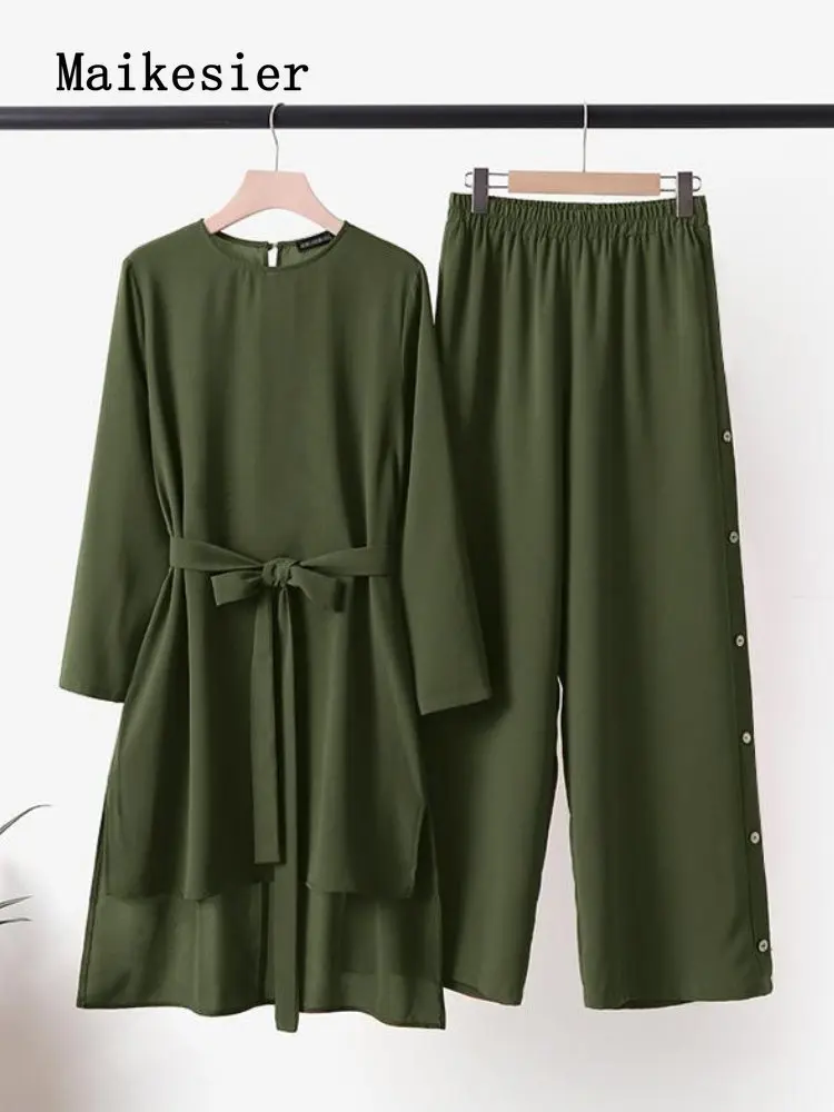 

Spring Summer New Large Size Loose Solid Color Round Neck High Waist Trousers Pant Sets 2 Piece Sets Women Outfit Women's Suit