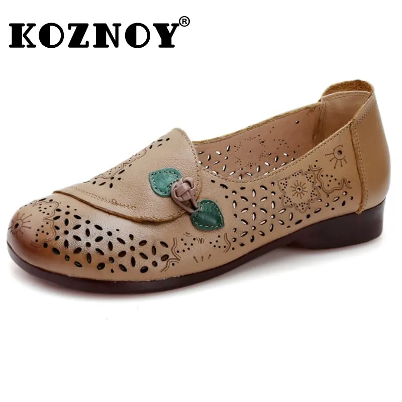 

Koznoy 3cm Natural Cow Genuine Leather Summer Casual Women Flats Ethnic Sandals Comfy Soft Soled Oxfords Hollow Breathable Shoes