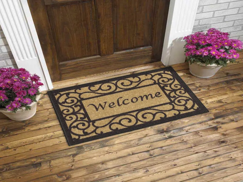 

Detail. Stylish Beige Ornamental Detail Non-Slip Rubberback 20" x 30" Floral Border Indoor/Outdoor Doormat, Perfect for Home Ent