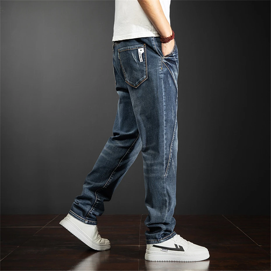 42 44 Plus Size Jeans Men Blue Denim Pants Baggy Cargo Jeans Pants Streetwear Loose Elasticity Trousers Male Big Size Bottoms