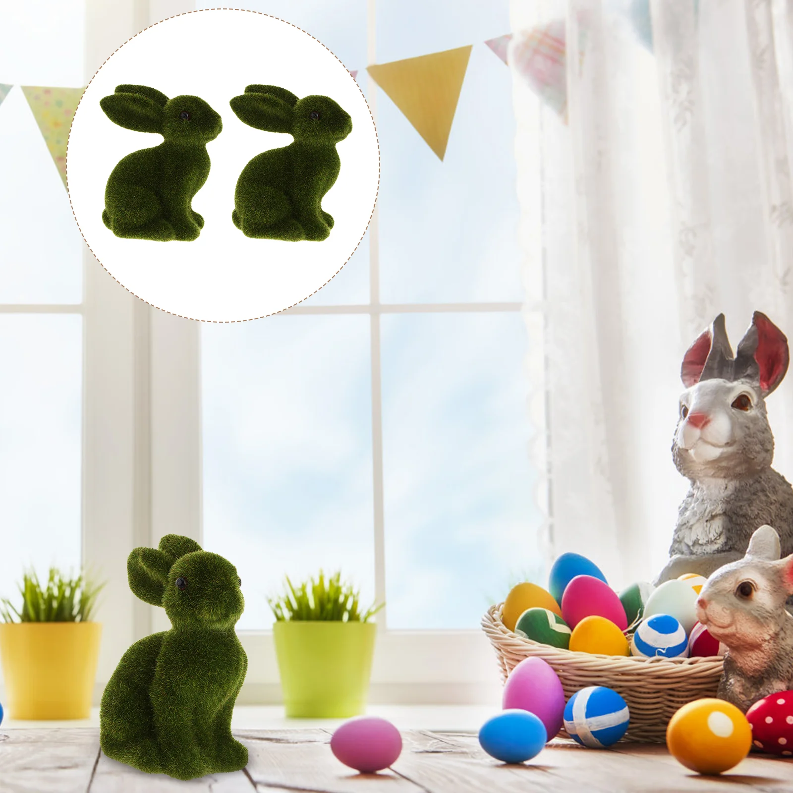 

Moss Bunny Easter Rabbit Decor Green Bunnies Statue Flocked Figurine Decorations Figure Covered Sculptures Grass Faux Turf