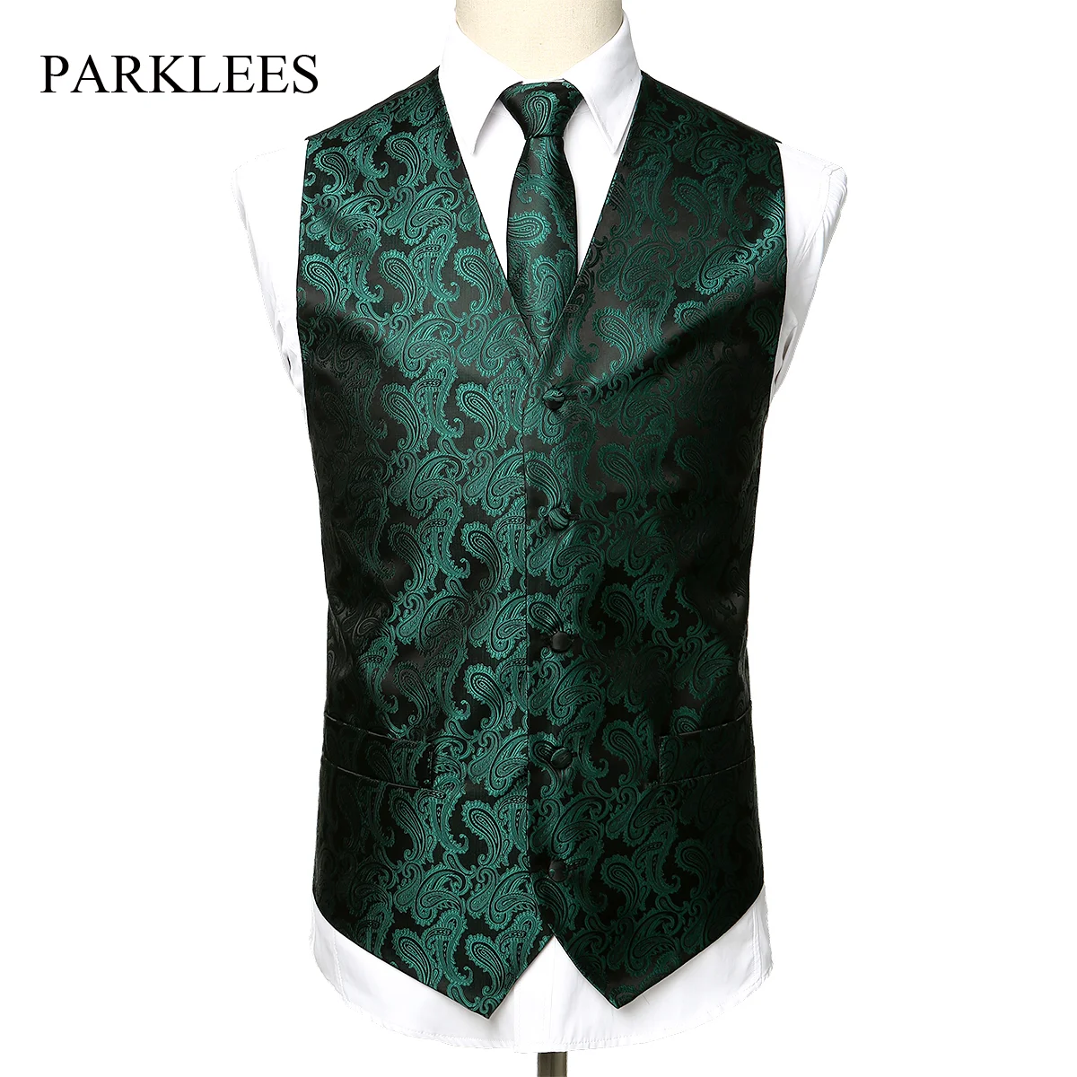 

Parklees New Mens Paisley Floral Suit Vest Tuxedo Sleeveless Waistcoat+Tie+Pocket Square 3PC Set Casual Wedding Party Vest Homme