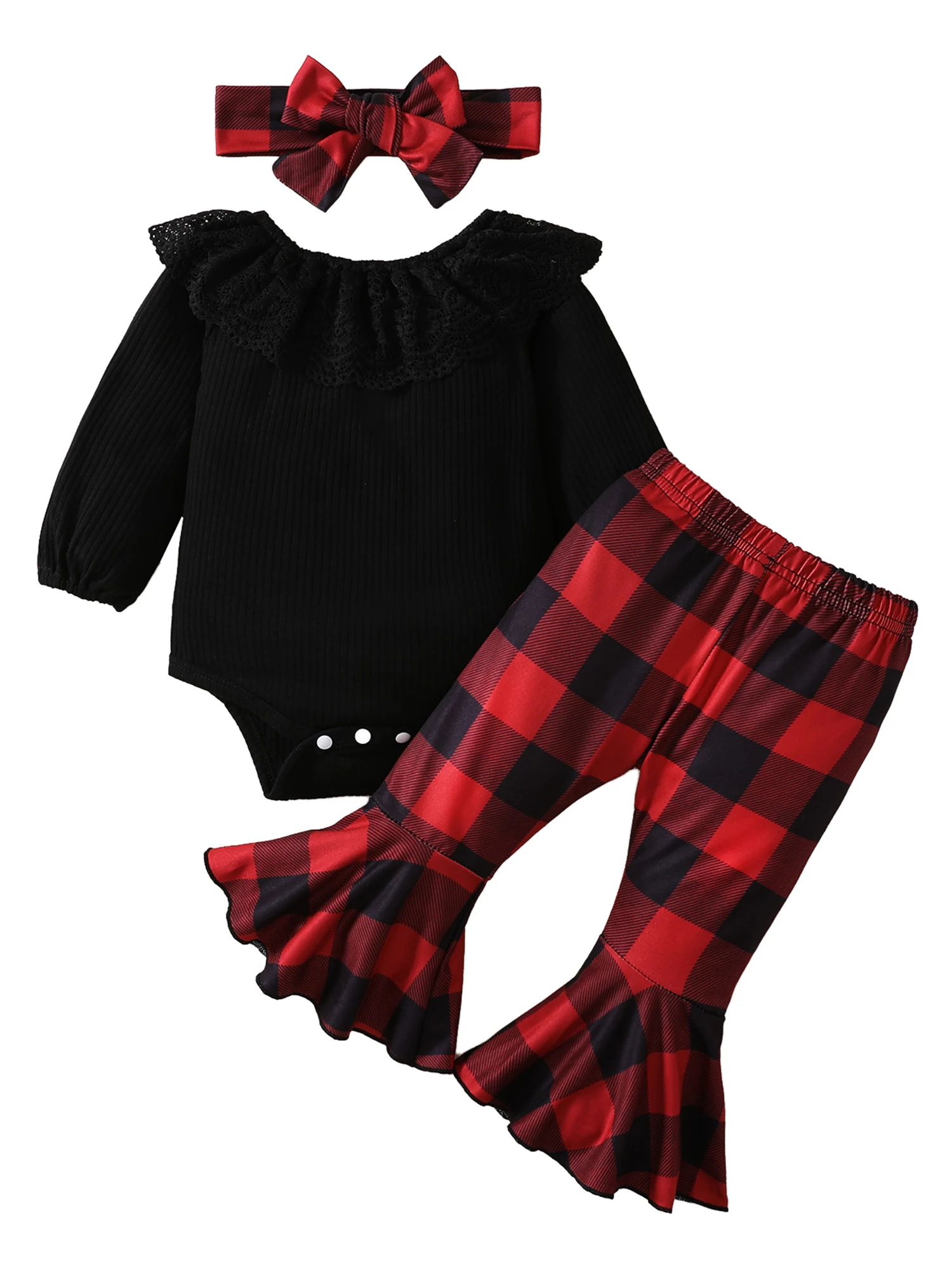 

0-24M Infant Baby Girls 3 Pieces Outfit Lace Ruffles Knitted Ribbed Romper Pattern Print Flare Pants Headband Set