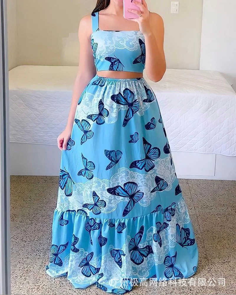 

Sleeveless Shirt Tanks Top A Line Skirt Butterfly Print Cami Crop Top & Skirt Set Women 2pcs Clothes Set