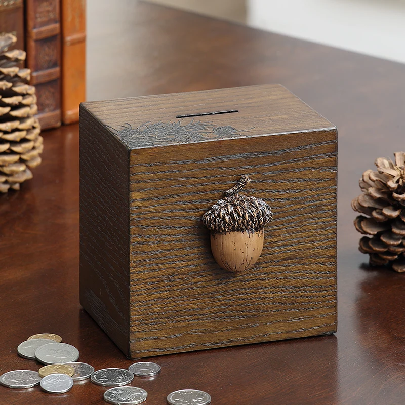

American Creative Wooden Piggy Bank Box Saving Money Coin Storage Desktop Piggy Bank Ornaments Salvadanaio Children Gifts