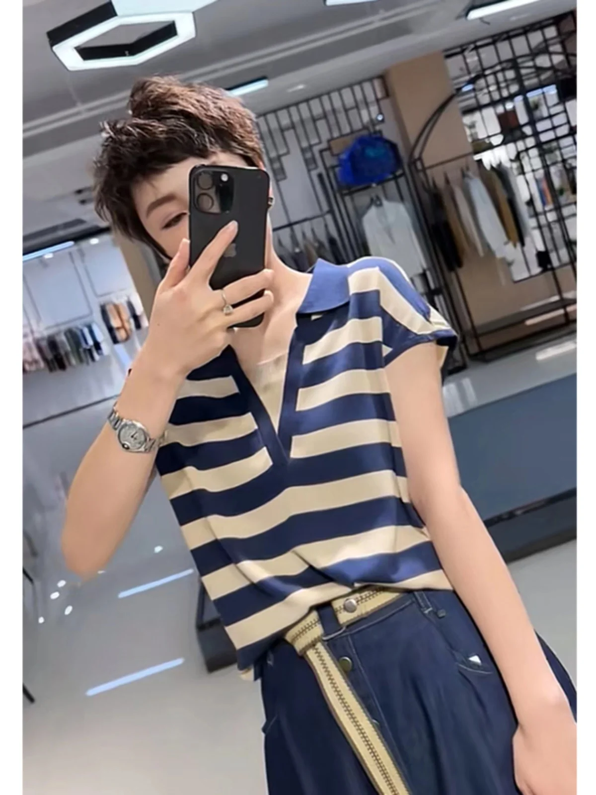 Модная вязаная женская летняя футболка в полоску из ледяного шелка новая