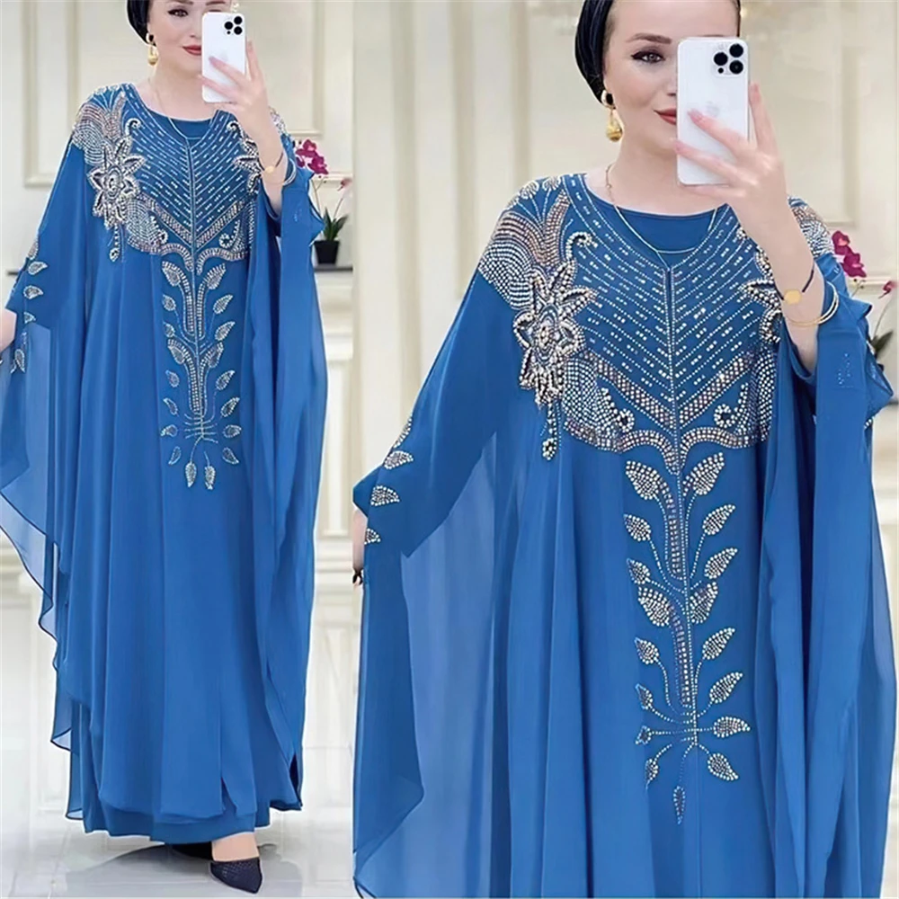 MD Chiffon Boubou Muslim Fashion Abaya 2 PCS Set Dubai Turkey Maxi Dress Musulman Ensembles Caftan Marocain Islamic Clothing